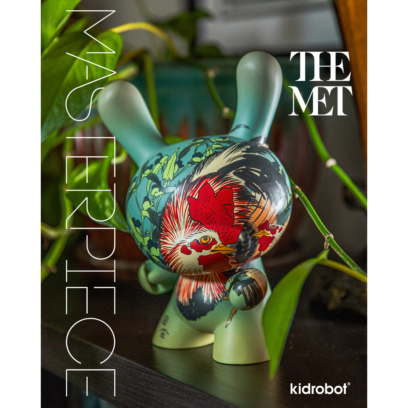 The Met 3" Showpiece Dunny Vinyl Art Figure - Rooster, Hen and Chicken with Spiderwort by Katsushika Hokusai